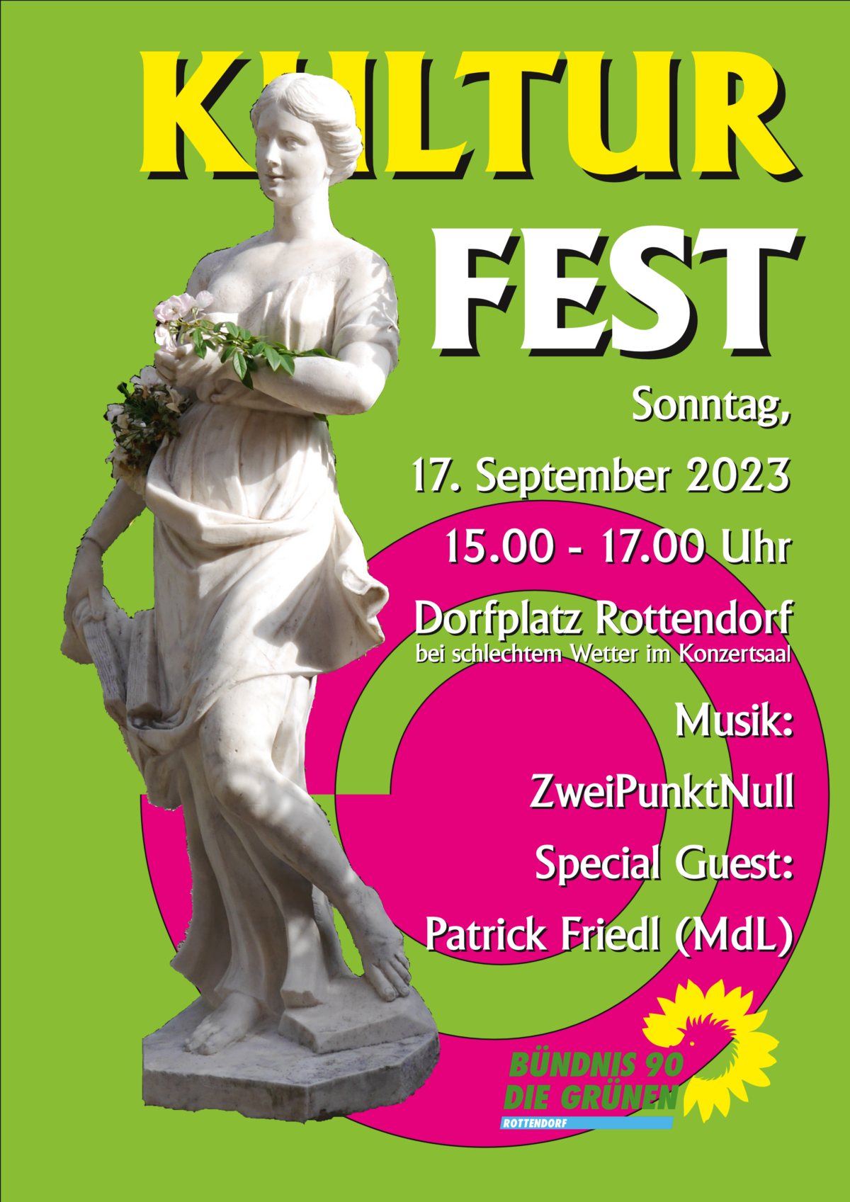 Flyer für das Kulturfest in Rottendorf. Zu Sehen ist links eine Statur aus Mamor, es stellt eine Frau da. Rechts daneben der Text mit Ort und Zeitpunkt, der Ankündigung "Special Guest: Patrick Friedl (MdL)" und "Musik: ZweiPunktNull".