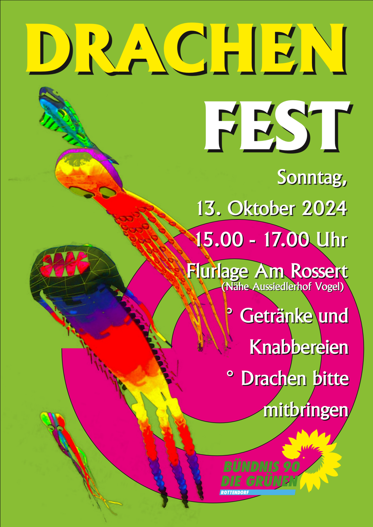 Grüner Flyer für das Drachenfest. Informationen zur Veranstaltung auf der rechten Seite. Auf der linken Seite zwei bunte Winddrachen zu sehen. 