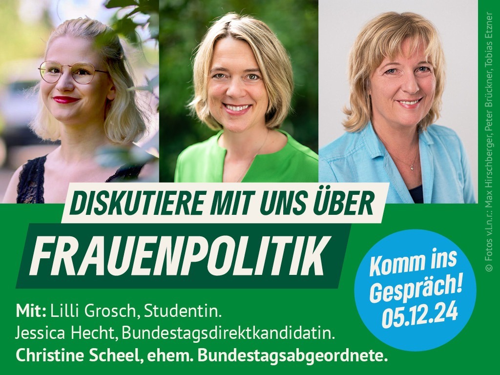 Auf dem Sharepic sind die drei Diskussionsteilnehmerinnen Lilli Grosch, Jessica Hecht und Christine Scheel zu sehen