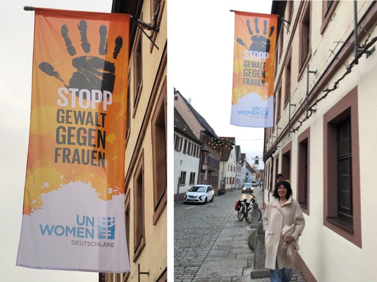 Foto der gehissten Fahne mit der Botschaft "Stopp Gewalt gegen Frauen" am Rathaus in Thüngersheim.