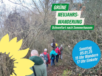 Ein Bild von einer Wanderung mit einer Sonnenblume in der linken Ecke. Man kann Menschen erkennen, die einen Waldweg hochwandern. Rechts oben in der Ecke steht: "Grüne Neujahrswanderung"