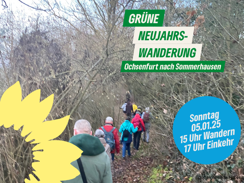 Ein Bild von einer Wanderung mit einer Sonnenblume in der linken Ecke. Man kann Menschen erkennen, die einen Waldweg hochwandern. Rechts oben in der Ecke steht: "Grüne Neujahrswanderung"