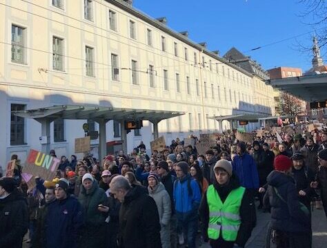 Ein Bild von der Demo gegen Rechts am 01.02. Man sieht eine Menschenmenge, die an der Juliuspromenade langläuft. Im Hintergrund ist das Juliusspital zu sehen