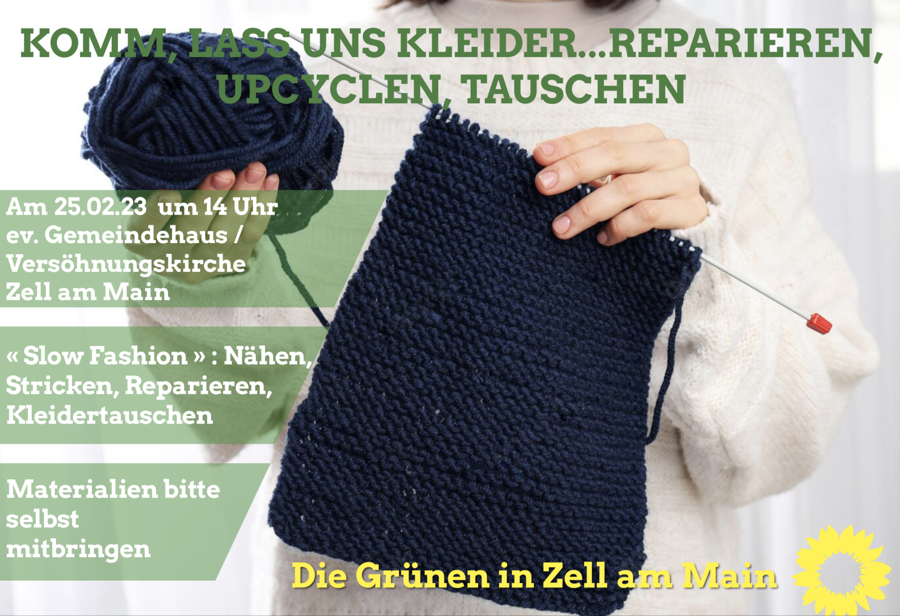 Sharpic mit gestricktem Stoffstück in schwarzer Wolle, das von einer Hand gehalten wird.