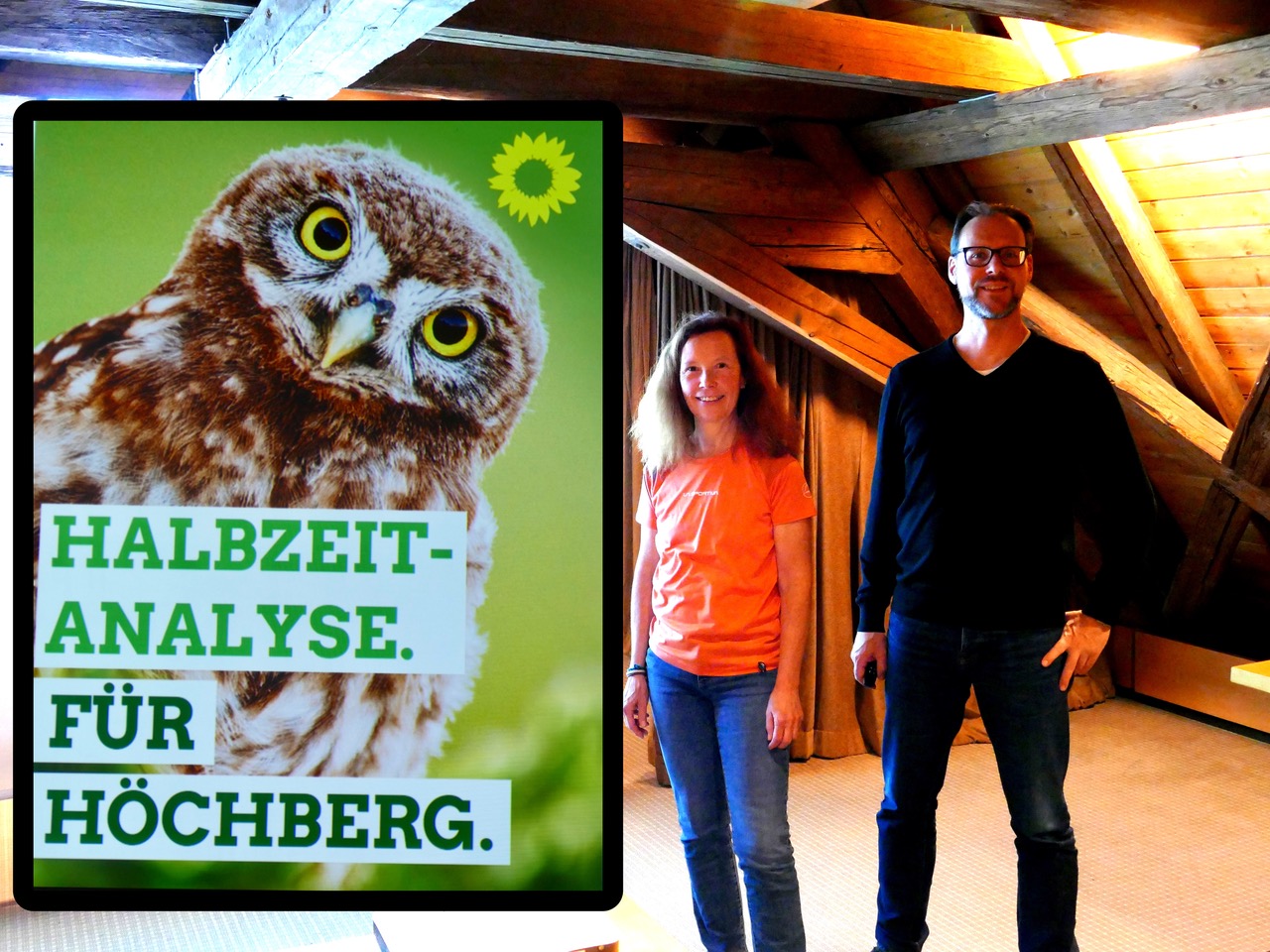 Susanne Cimander und Sven Winzenhörlein stehen neben dem Plakat Halbzeitanalyse
