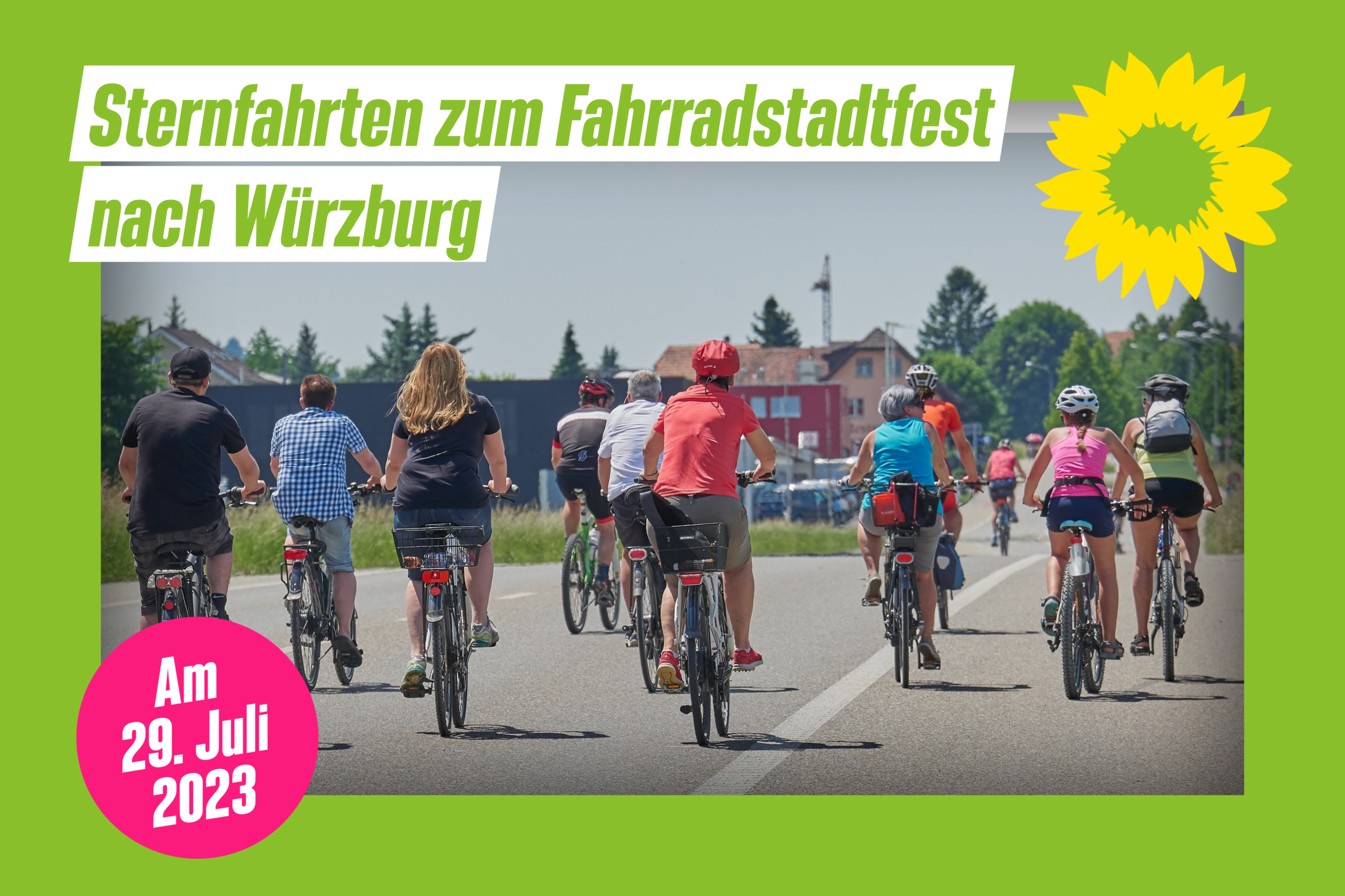 Sharepic zu den Sternfahrten zum Fahrradstadtfest am 29. Juli mit einer Gruppe Radfahrer*innen auf einer Straße