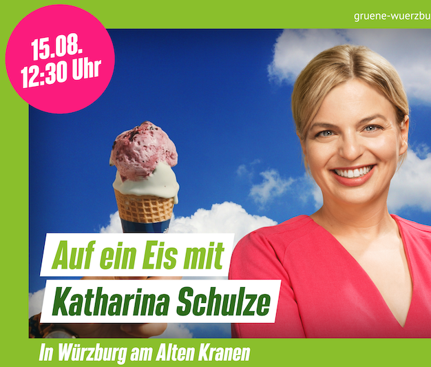 Sharepic von der Veranstaltung "Auf ein Eis mit Katharina Schulze". Zu sehen ist Katharina Schulze auf der rechten Seite, daneben ein Eis und im Hintergrund blauer Himmel.